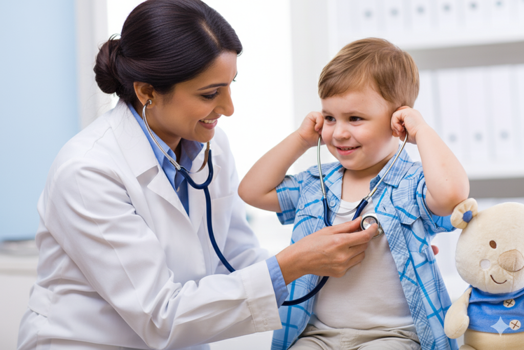 Female doctor and chlid